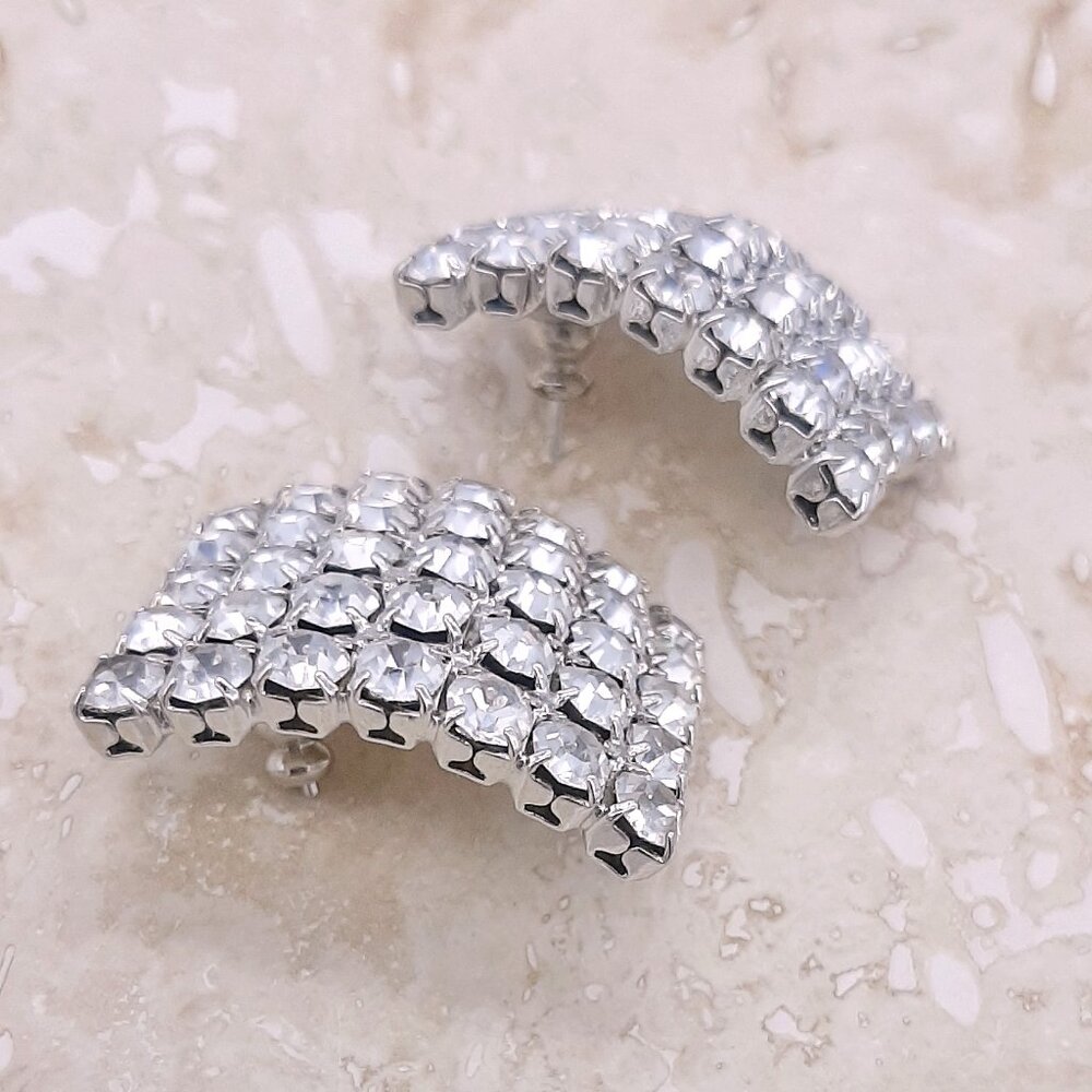 Clear Rhinestone Rectangle Bling Silver Tone Earr… - image 4